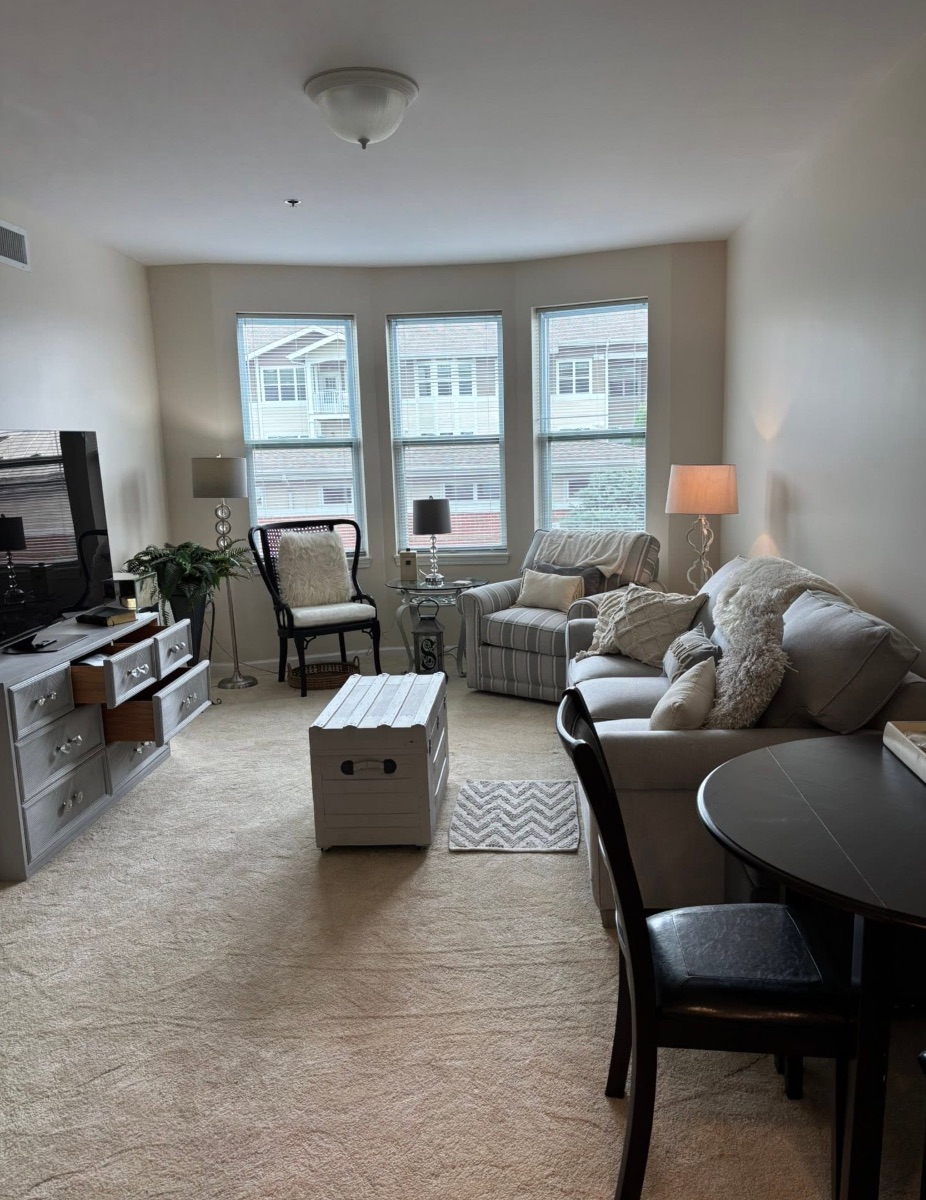 The same living room unpacked and settled after the move